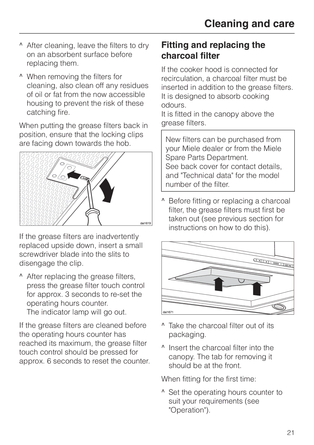 Miele DA 424 V EXT, DA 420 V EXT installation instructions Fitting and replacing the charcoal filter 