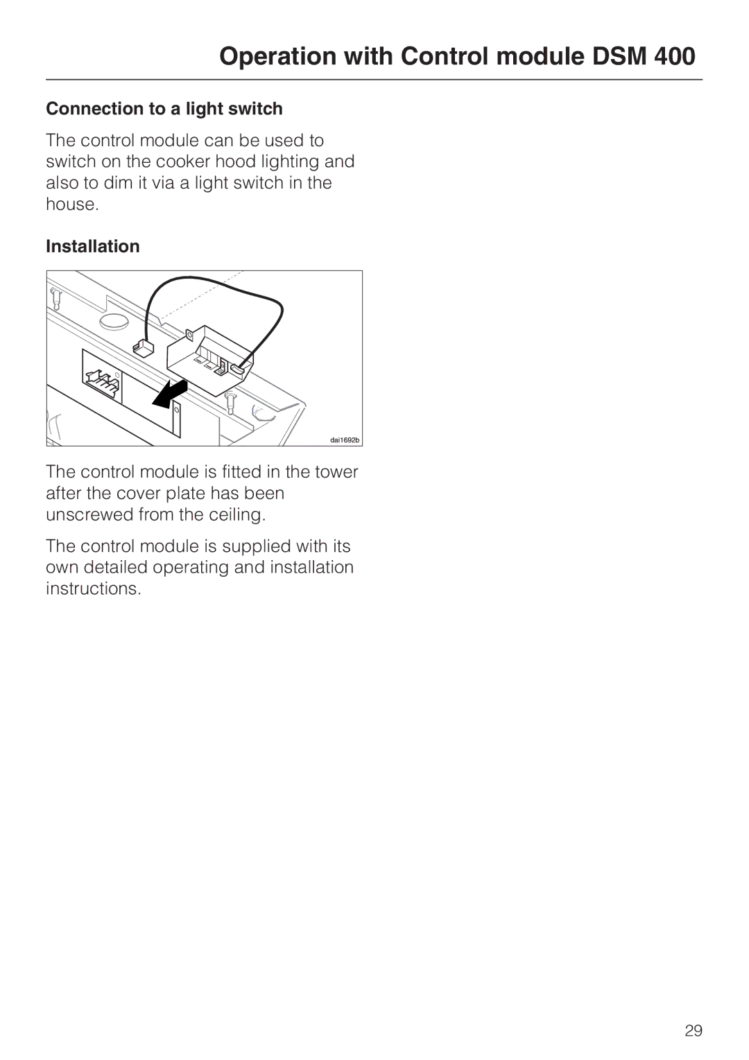 Miele DA 424 V EXT, DA 420 V EXT installation instructions Connection to a light switch, Installation 