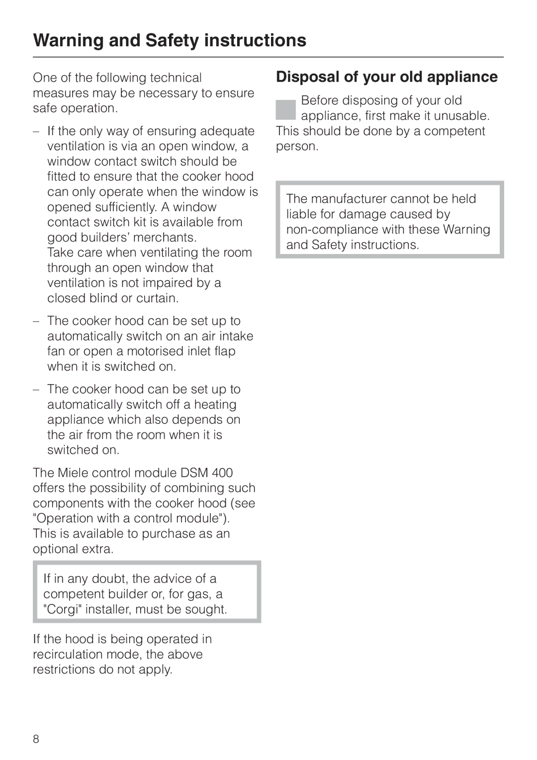 Miele DA 420 V EXT, DA 424 V EXT installation instructions Disposal of your old appliance 