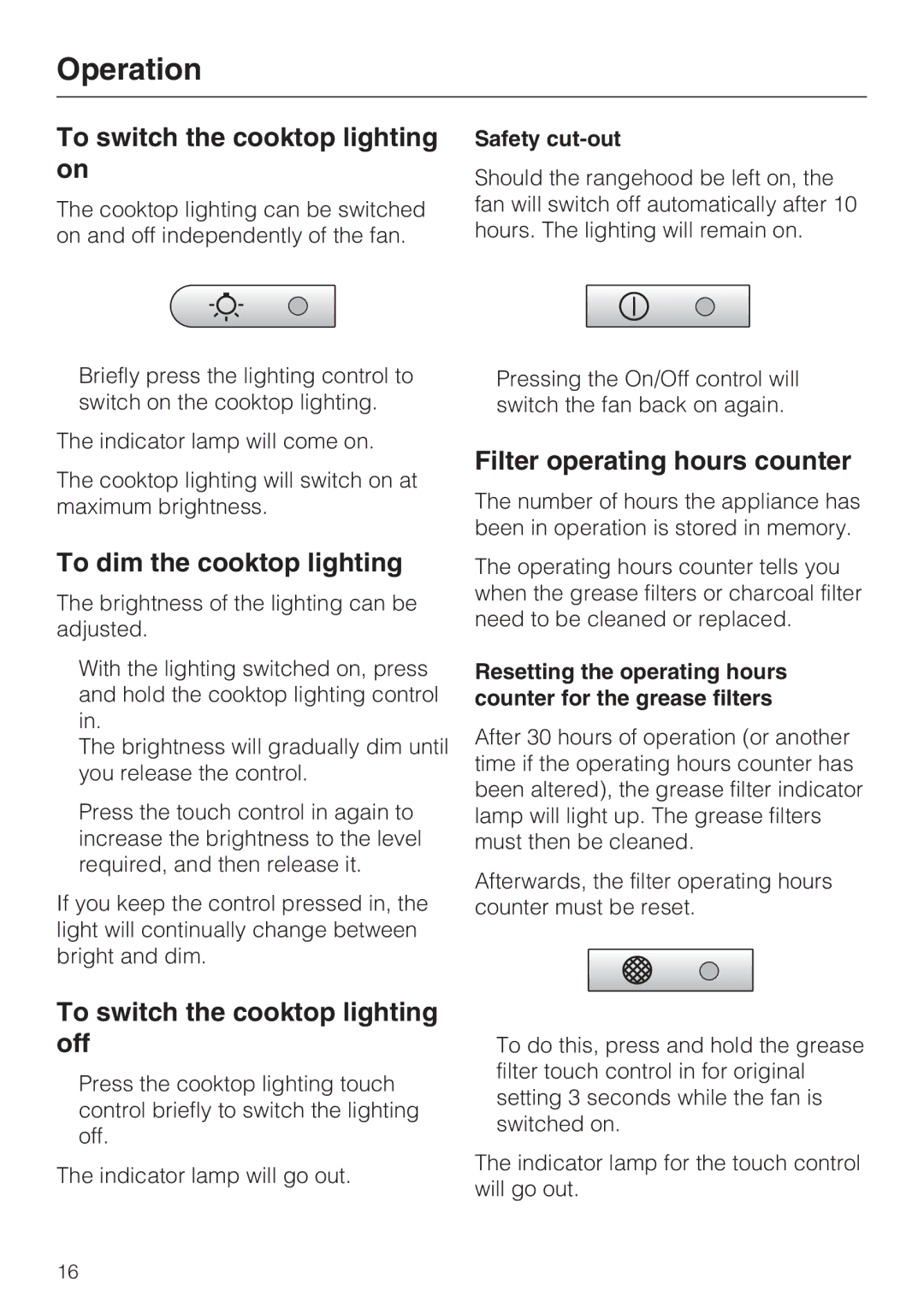 Miele DA 428-4, DA 429-4 To switch the cooktop lighting on, To dim the cooktop lighting, Filter operating hours counter 