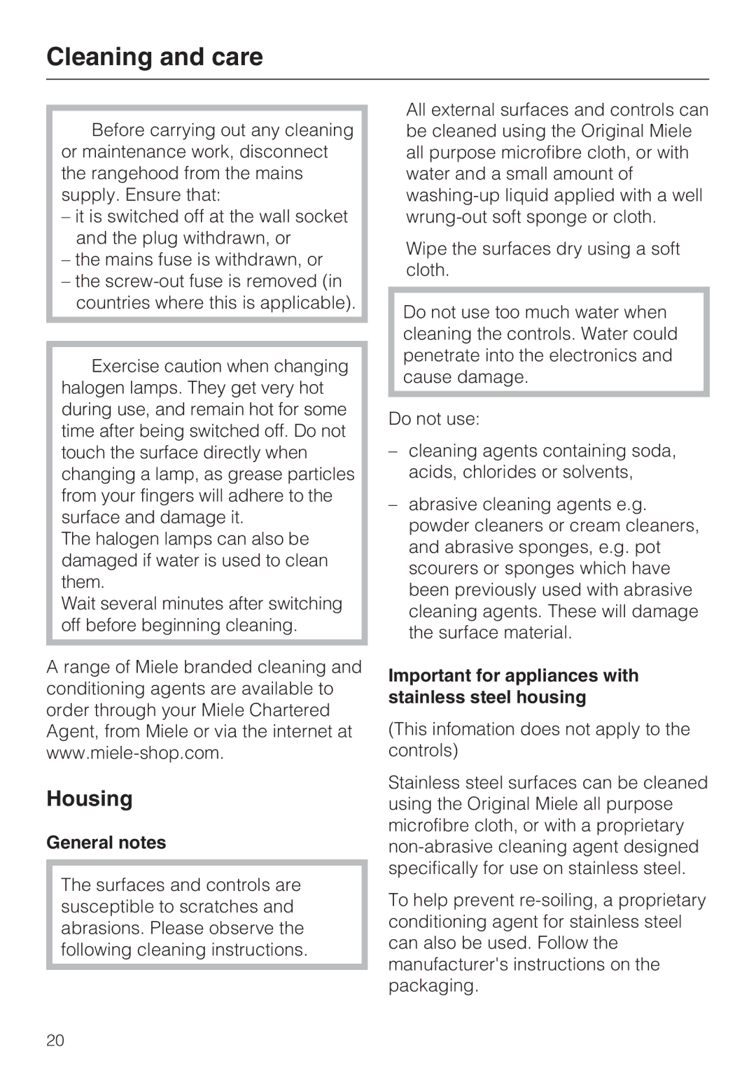 Miele DA 428-4, DA 429-4 Cleaning and care, Housing, General notes, Important for appliances with stainless steel housing 