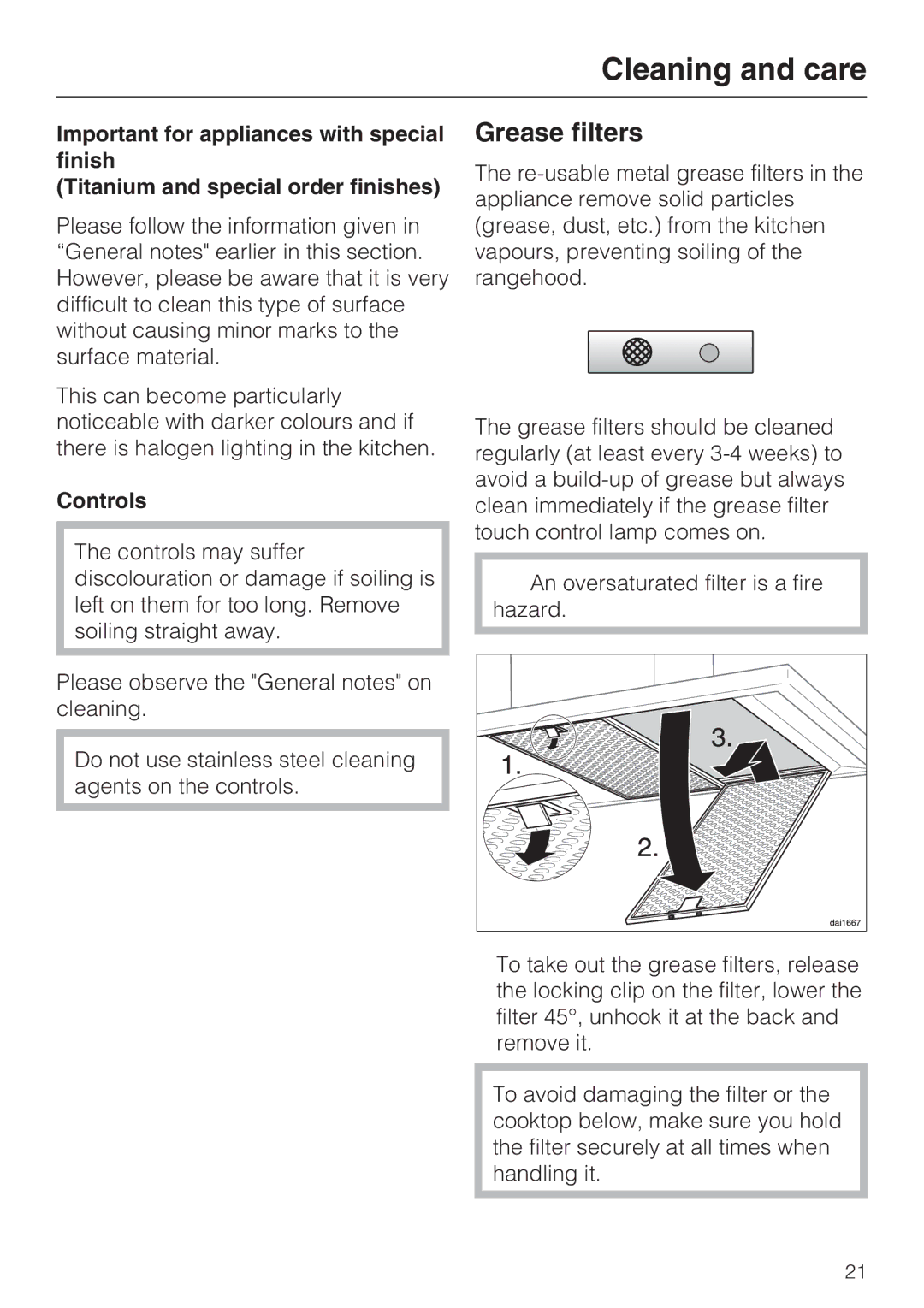 Miele DA 429-4 EXT, DA 428-4 EXT installation instructions Grease filters, Controls 