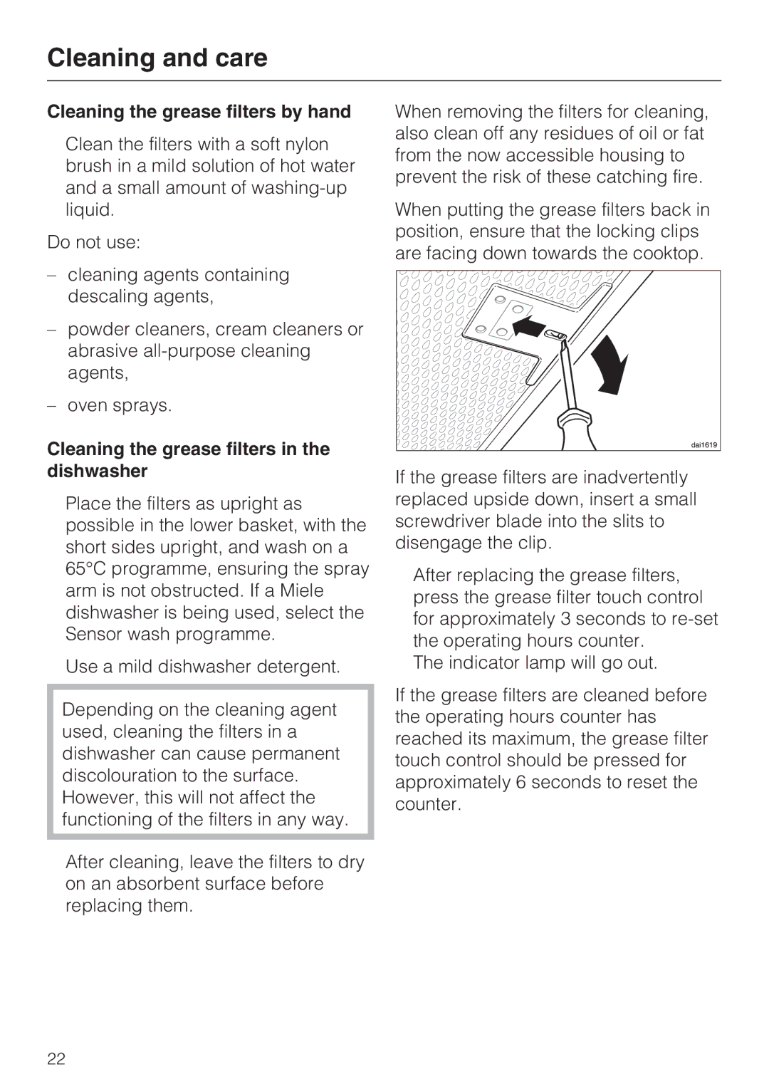 Miele DA 428-4, DA 429-4 EXT Cleaning the grease filters by hand, Cleaning the grease filters in the dishwasher 