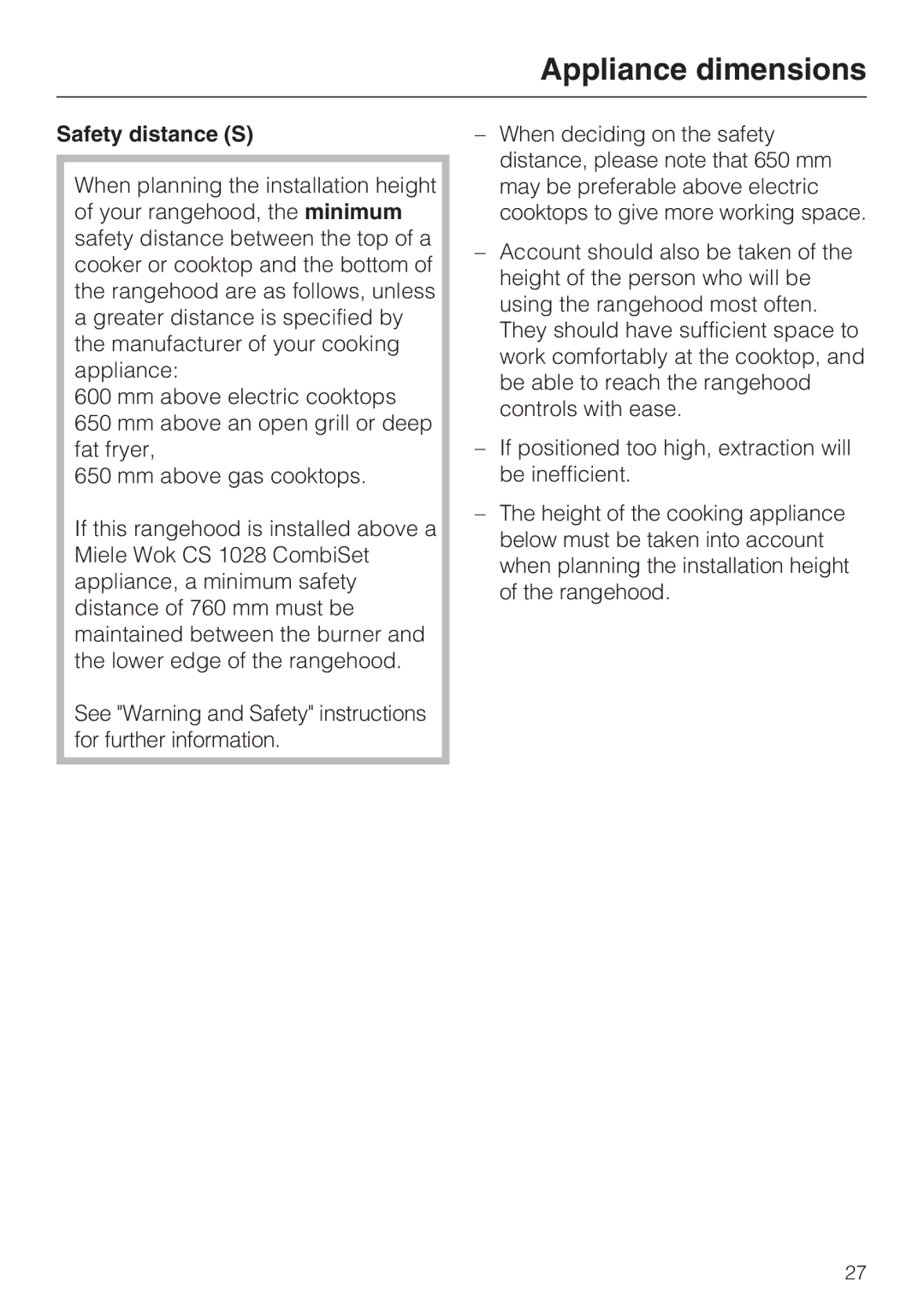 Miele DA 428-4 EXT, DA 429-4 EXT installation instructions Safety distance S 