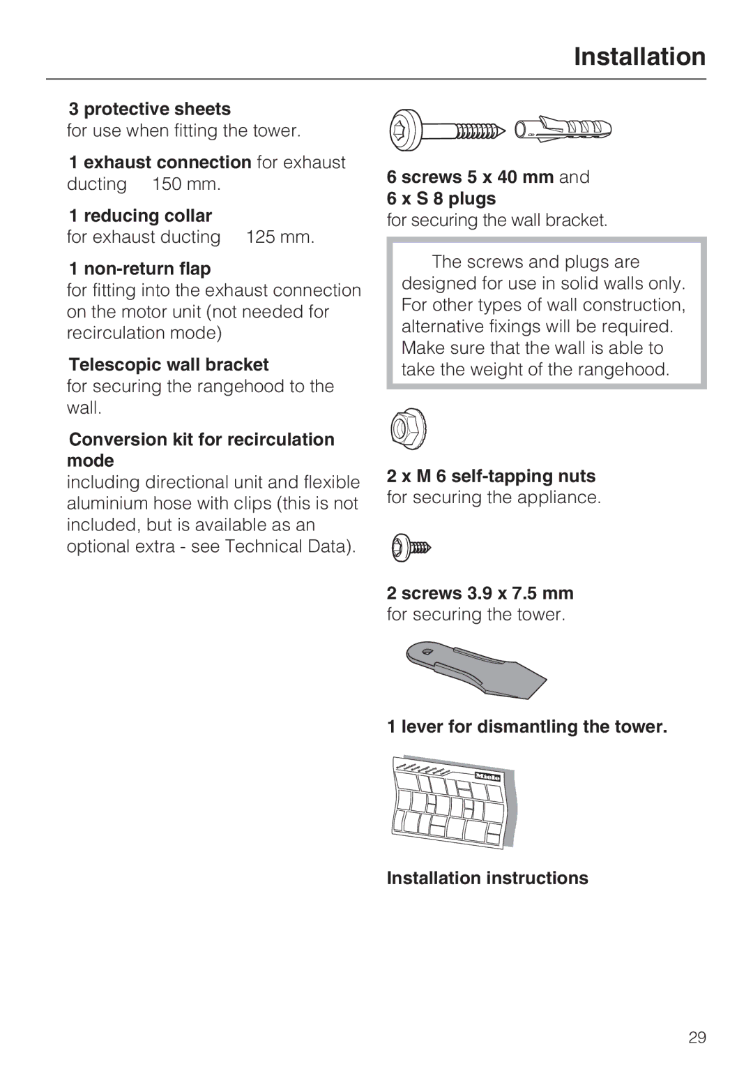 Miele DA 429-4 EXT Protective sheets, Non-return flap, Telescopic wall bracket, Conversion kit for recirculation mode 