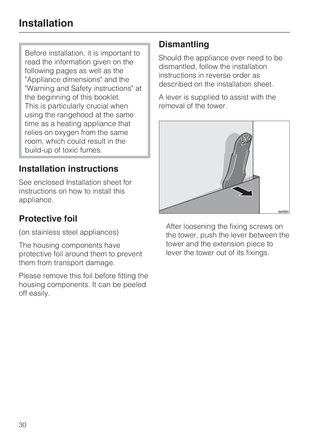 Miele DA 429-4 EXT, DA 428-4 EXT installation instructions Installation instructions, Protective foil, Dismantling 