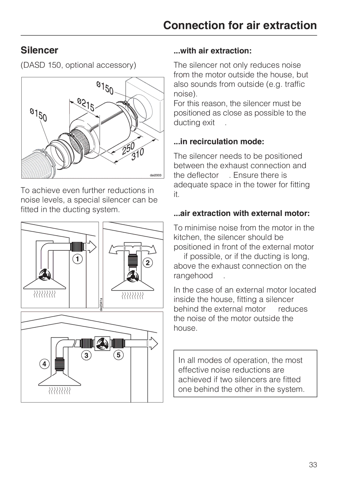 Miele DA 429-4 EXT, DA 428-4 Silencer, With air extraction, Recirculation mode, Air extraction with external motor 