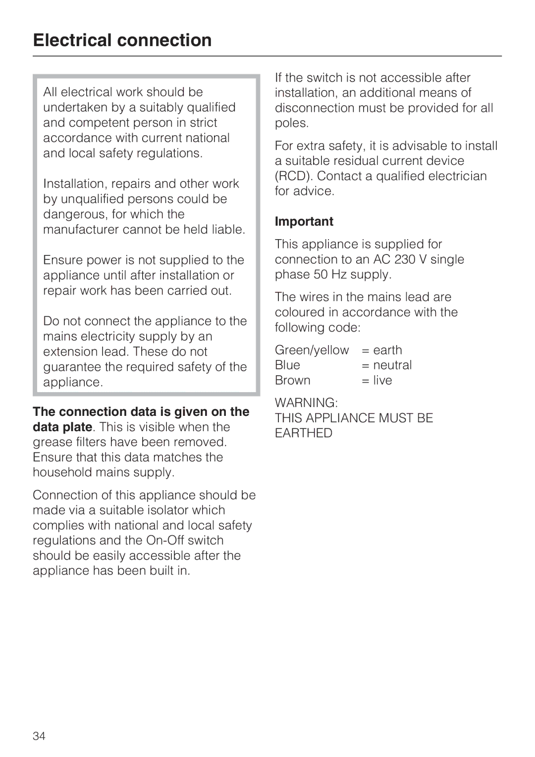 Miele DA 429-4 EXT, DA 428-4 EXT installation instructions Electrical connection 