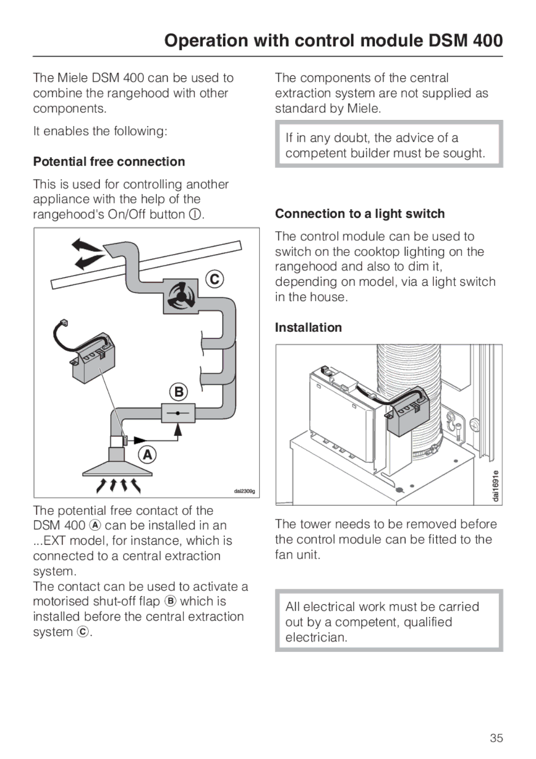 Miele DA 428-4 EXT, DA 429-4 Operation with control module DSM, Potential free connection, Connection to a light switch 