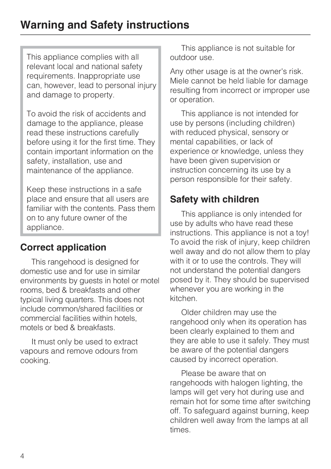 Miele DA 429-4 EXT, DA 428-4 EXT installation instructions Correct application, Safety with children 