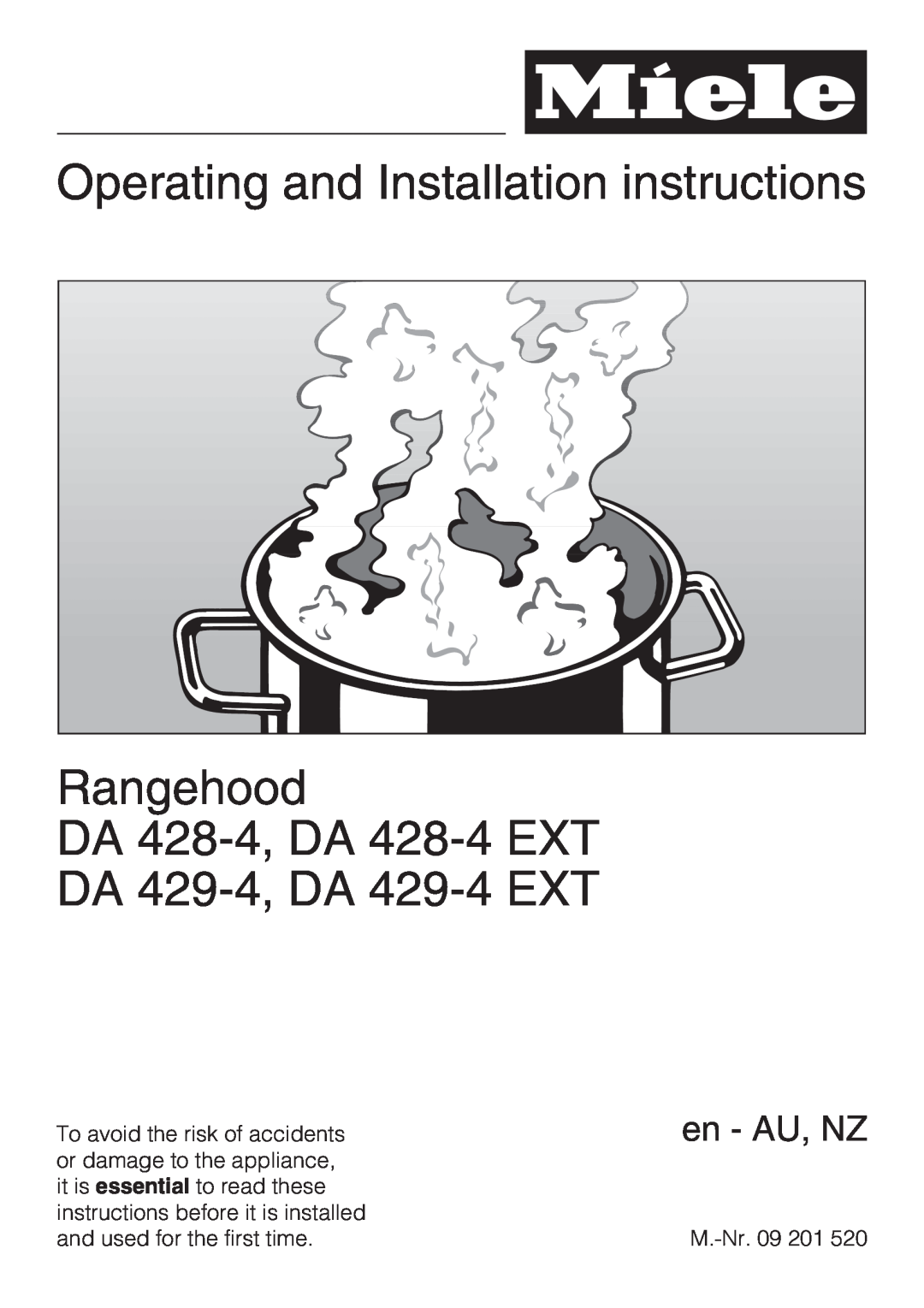 Miele DA 429-4 EXT, DA 428-4 installation instructions Operating and Installation instructions Rangehood, en - AU, NZ 
