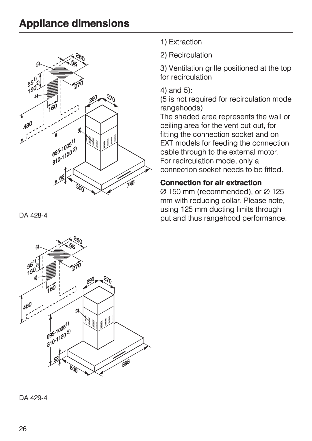 Miele DA 429-4 EXT, DA 428-4 EXT installation instructions Appliance dimensions, Connection for air extraction 