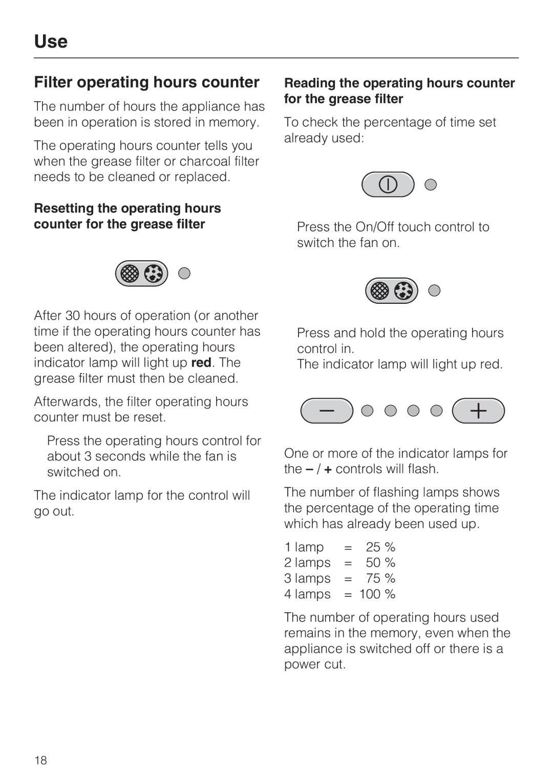 Miele DA 5100 D EXT, DA 5100 D U Filter operating hours counter, Reading the operating hours counter for the grease filter 