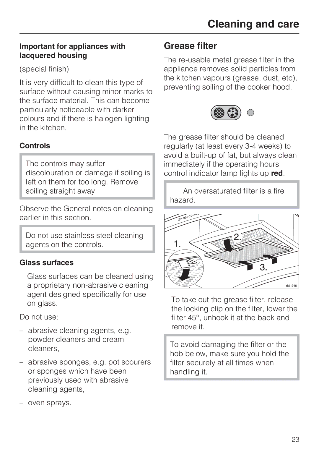 Miele DA 5100 D U, DA 5100 D EXT Grease filter, Important for appliances with lacquered housing, Glass surfaces 