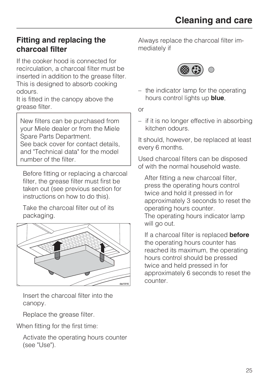 Miele DA 5100 D EXT, DA 5100 D U installation instructions Fitting and replacing the charcoal filter 