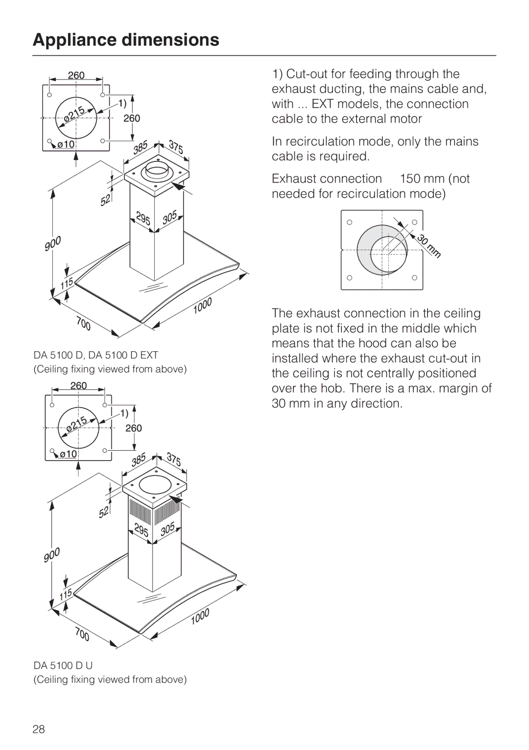 Miele DA 5100 D EXT, DA 5100 D U installation instructions Appliance dimensions 