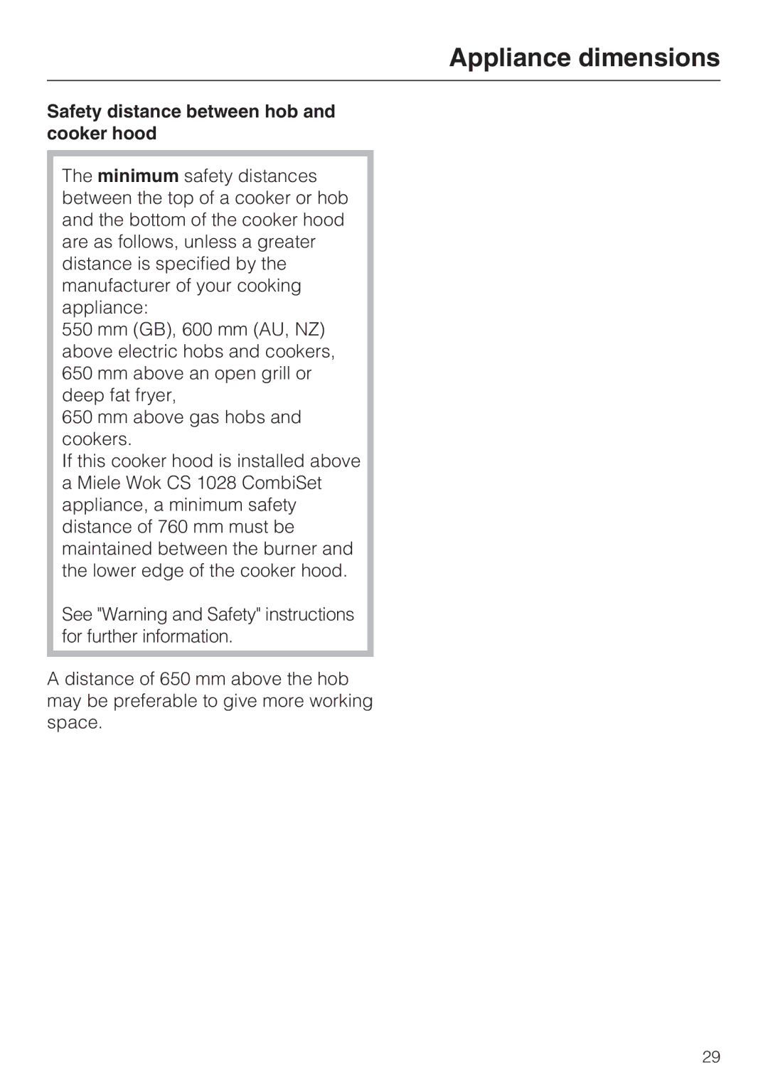 Miele DA 5100 D U, DA 5100 D EXT installation instructions Safety distance between hob and cooker hood 