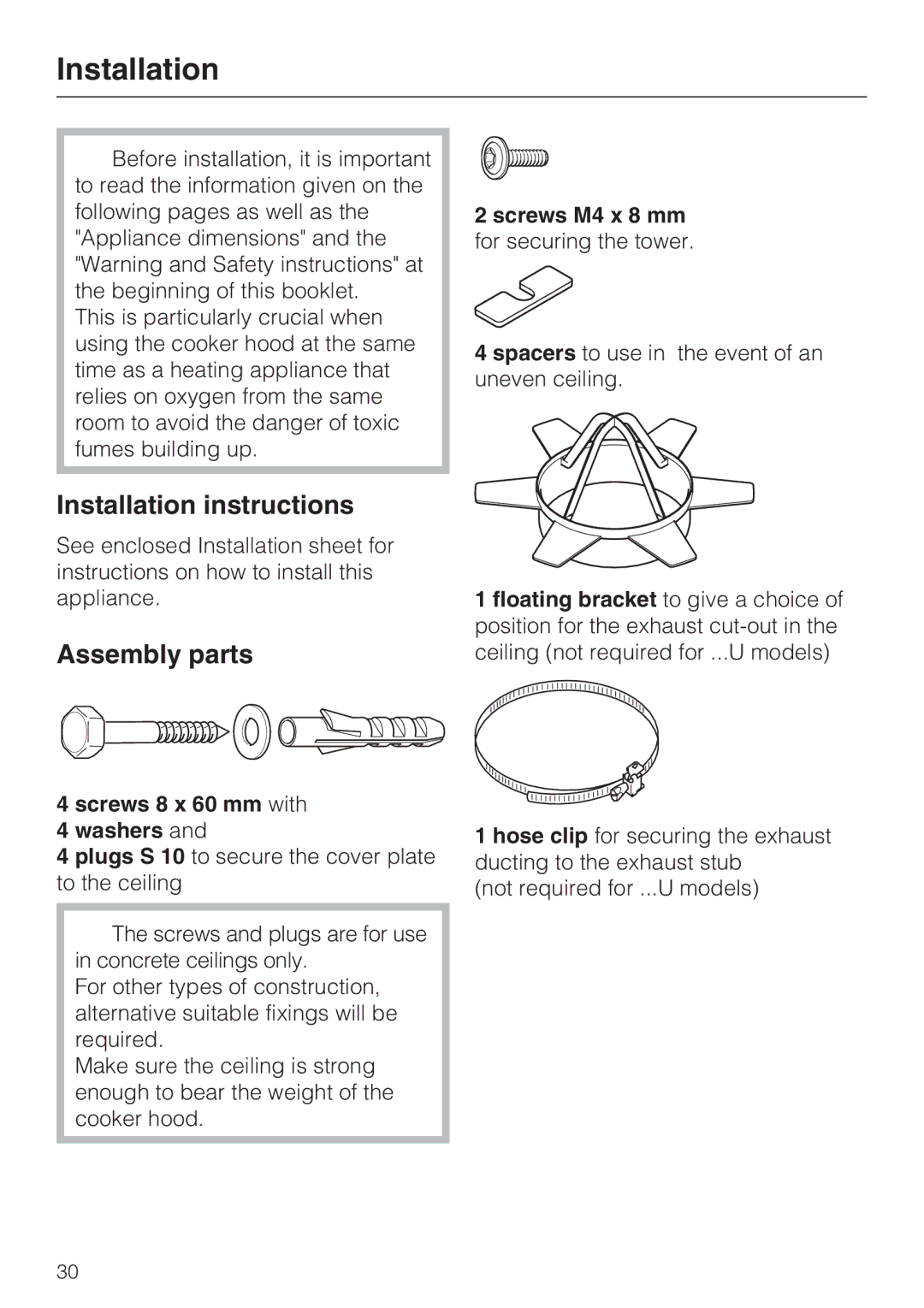 Miele DA 5100 D EXT, DA 5100 D U Installation instructions, Assembly parts, Screws 8 x 60 mm with Washers 