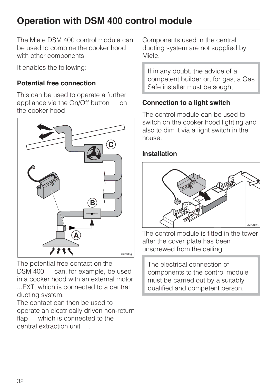 Miele DA 5100 D U Operation with DSM 400 control module, Potential free connection, Connection to a light switch 