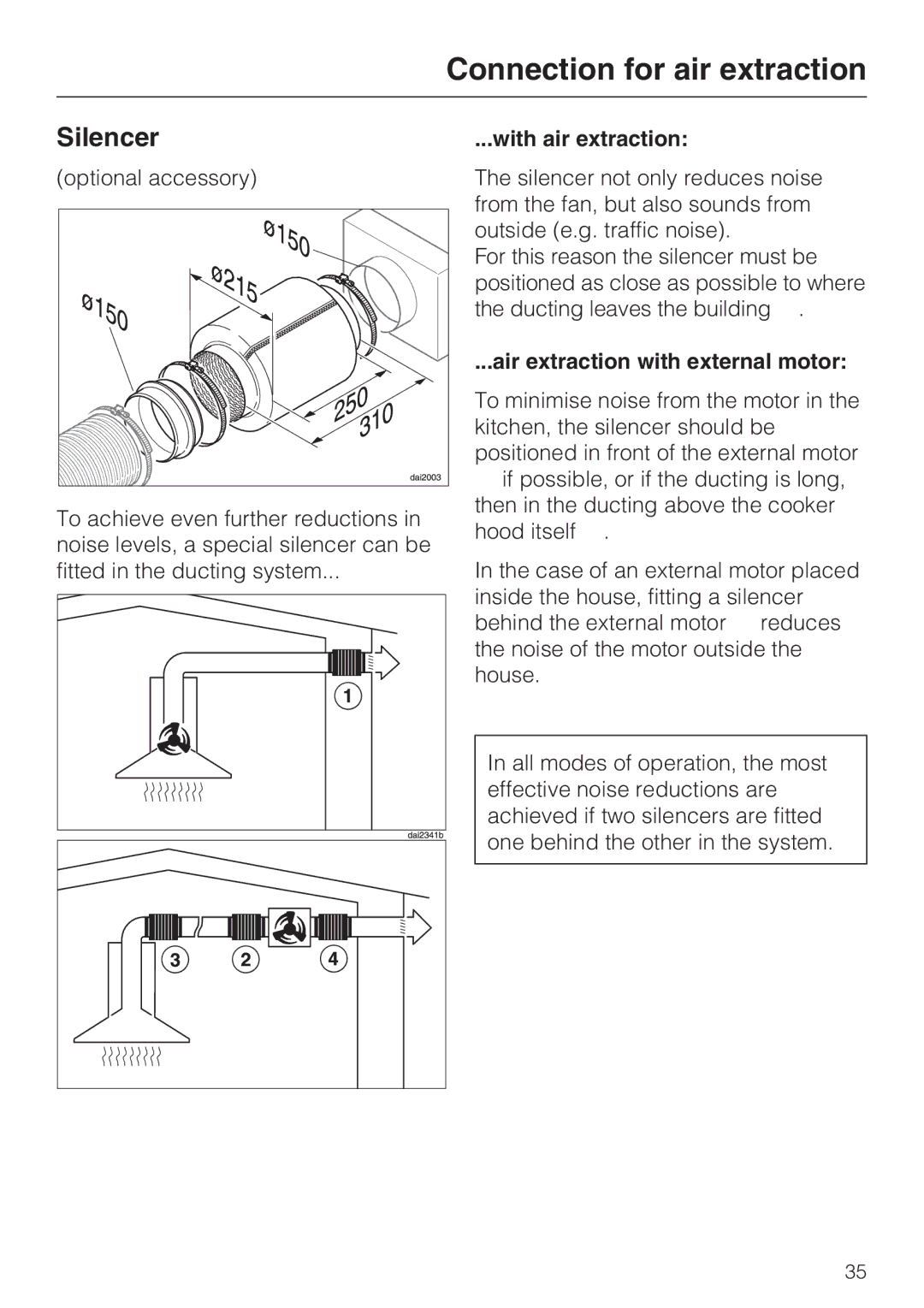 Miele DA 5100 D U, DA 5100 D EXT installation instructions Silencer, With air extraction, Air extraction with external motor 