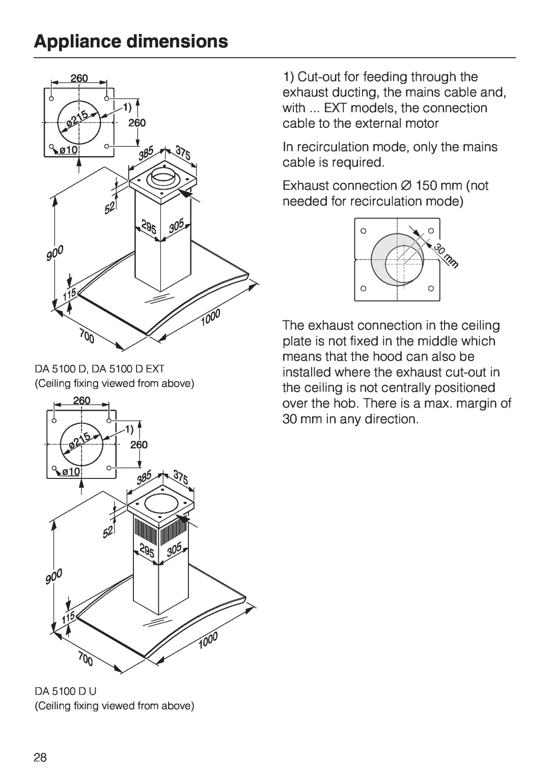 Miele DA 5100 D EXT installation instructions Appliance dimensions, DA 5100 D U Ceiling fixing viewed from above 
