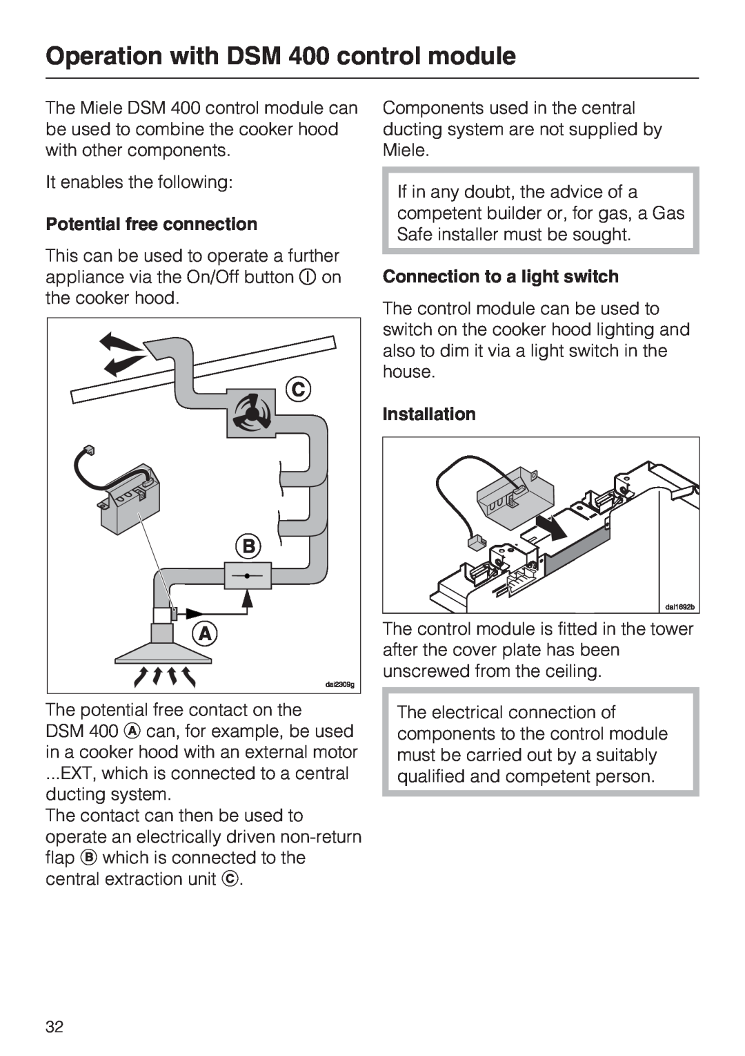 Miele DA 5100 D U Operation with DSM 400 control module, Potential free connection, Connection to a light switch 