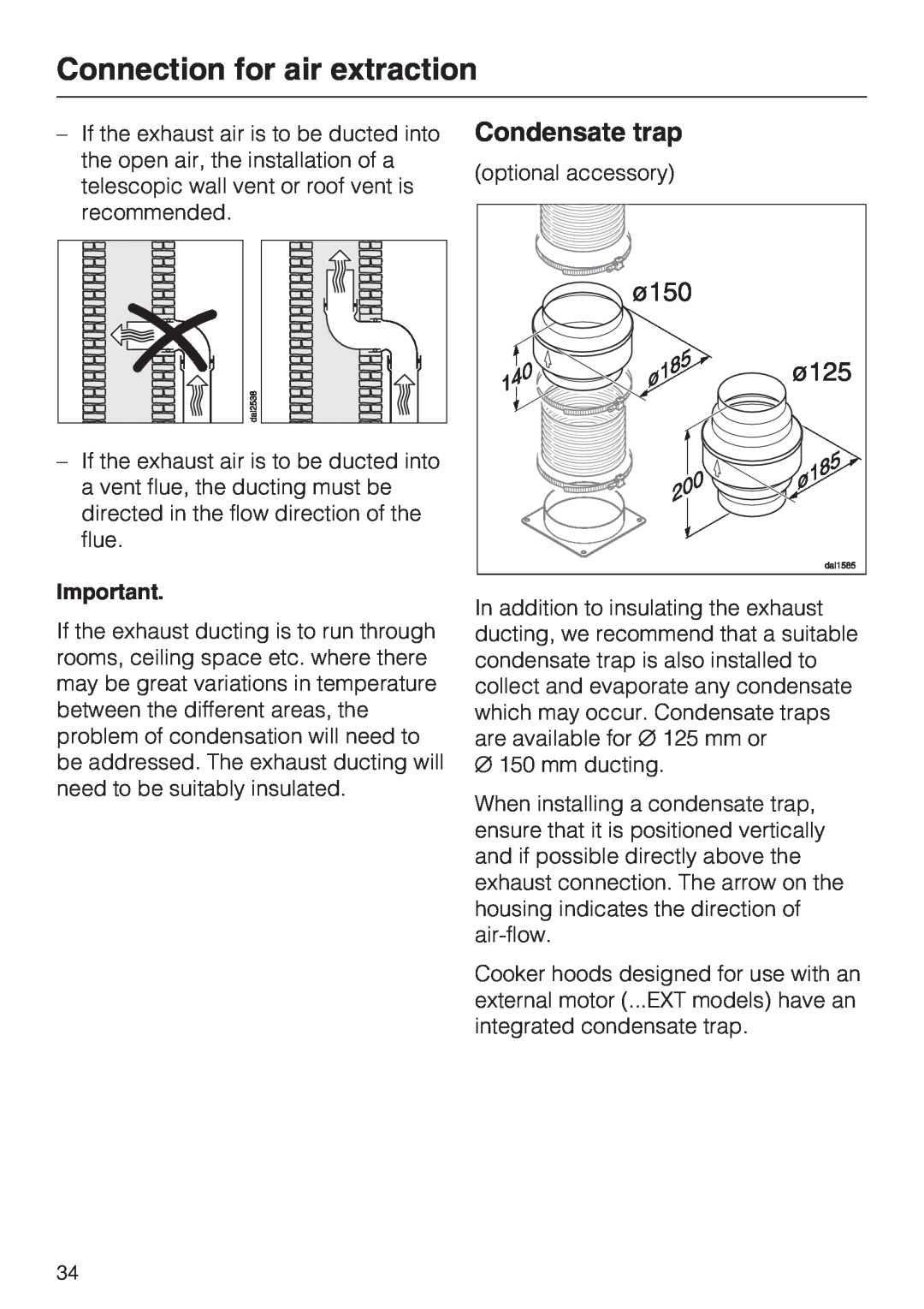 Miele DA 5100 D EXT, DA 5100 D U installation instructions Condensate trap, Connection for air extraction 