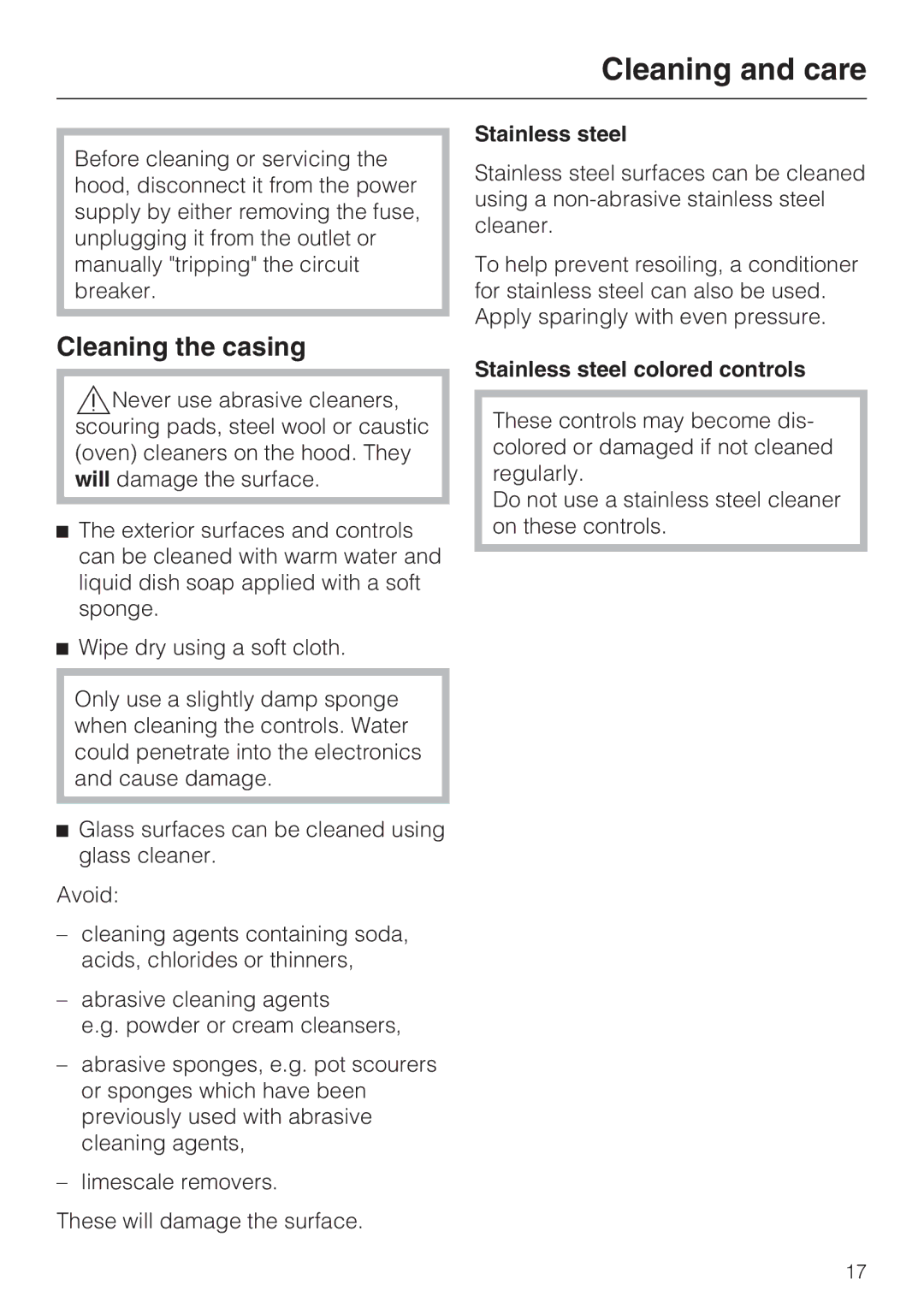 Miele DA 5100 D installation instructions Cleaning and care, Cleaning the casing, Stainless steel colored controls 