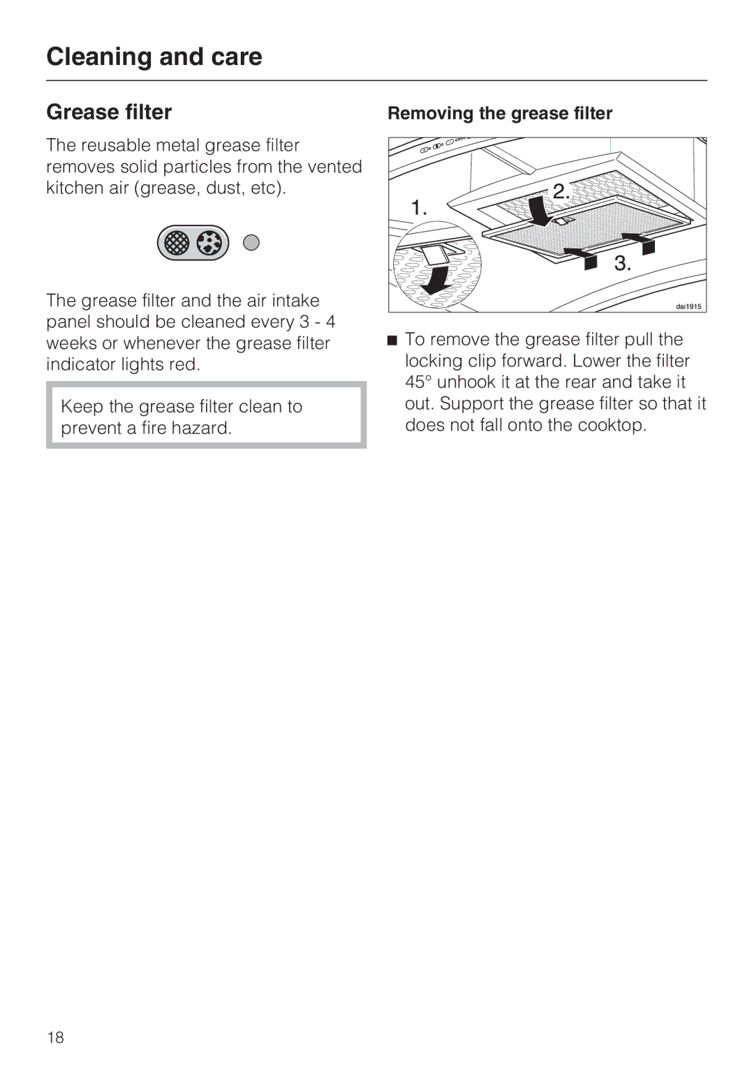 Miele DA 5100 D installation instructions Removing the grease filter 