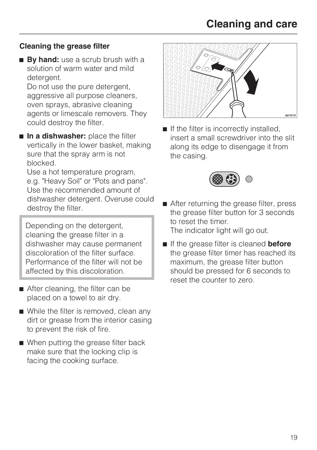 Miele DA 5100 D installation instructions Cleaning the grease filter 