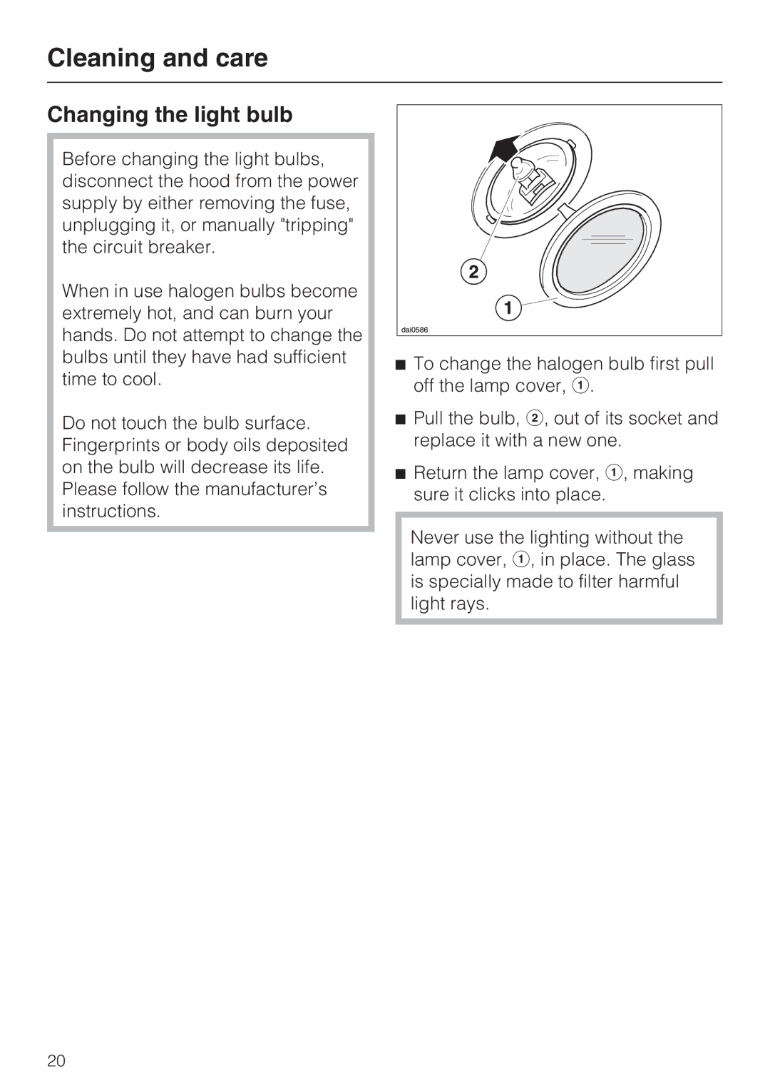 Miele DA 5100 D installation instructions Changing the light bulb 