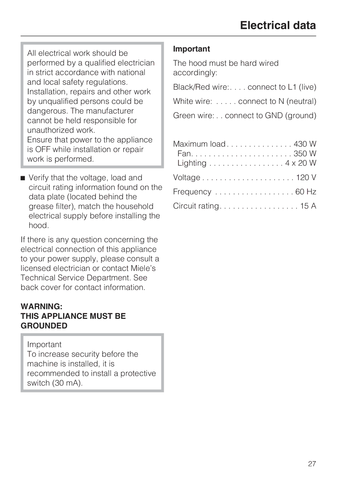 Miele DA 5100 D installation instructions Electrical data, This Appliance Must be Grounded 