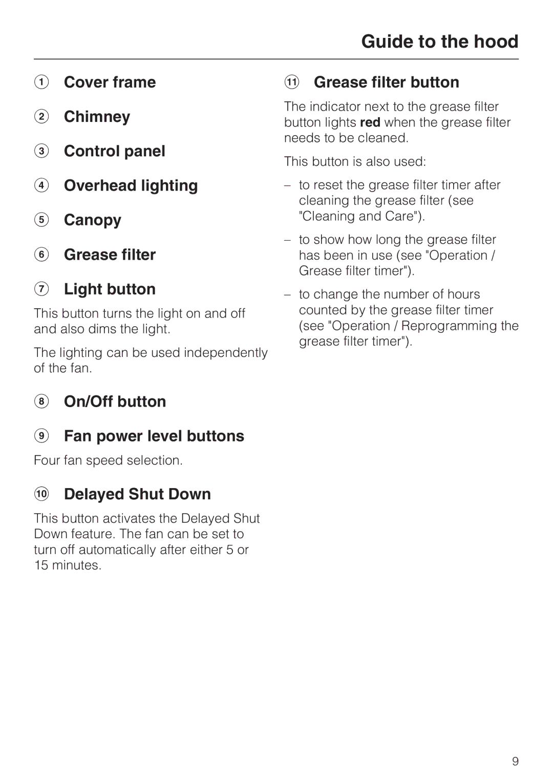 Miele DA 5100 D installation instructions On/Off button Fan power level buttons, Delayed Shut Down, Grease filter button 