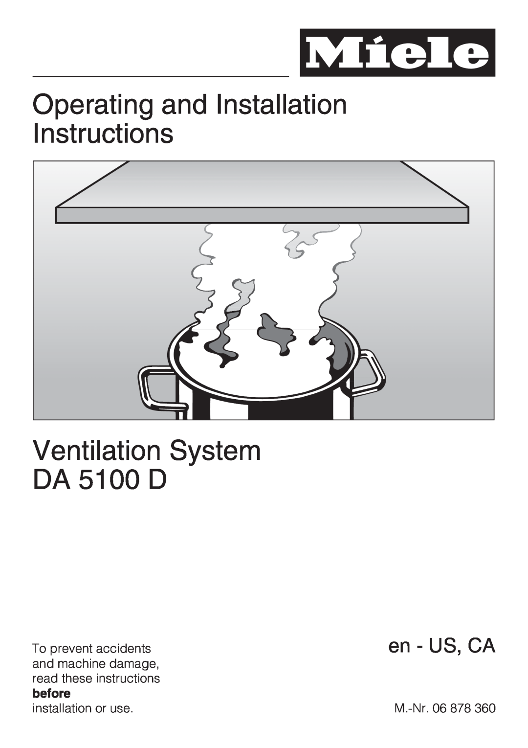 Miele installation instructions Operating and Installation Instructions, Ventilation System DA 5100 D, en - US, CA 