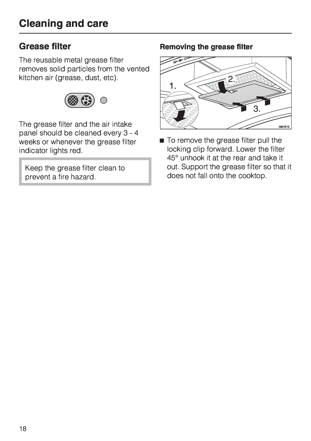 Miele DA 5100 D installation instructions Grease filter, Cleaning and care, Removing the grease filter 