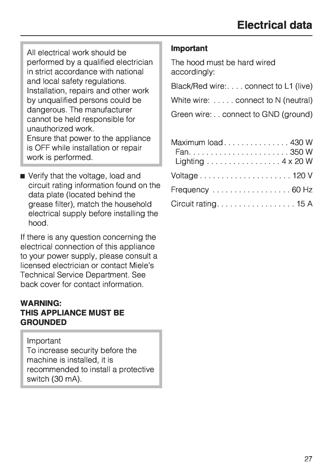 Miele DA 5100 D installation instructions Electrical data, This Appliance Must Be Grounded 