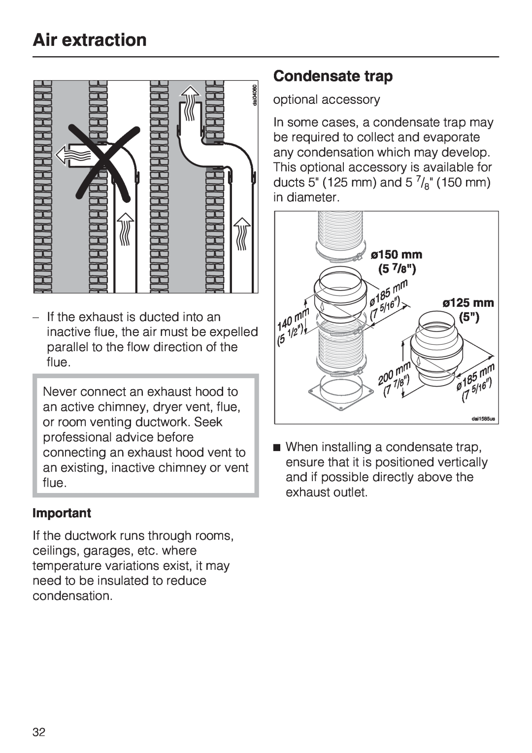 Miele DA 5100 D installation instructions Condensate trap, Air extraction 