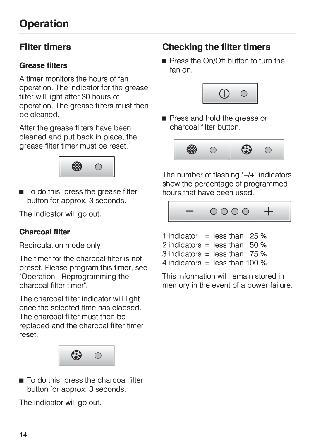 Miele DA 5381 W, DA 5391 W, DA 5321 W Filter timers, Checking the filter timers, Operation, Grease filters, Charcoal filter 