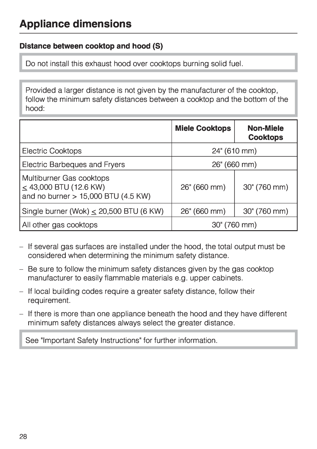 Miele DA 5321 W, DA 5391 W, DA 5381 W Appliance dimensions, Distance between cooktop and hood S, Miele Cooktops, Non-Miele 