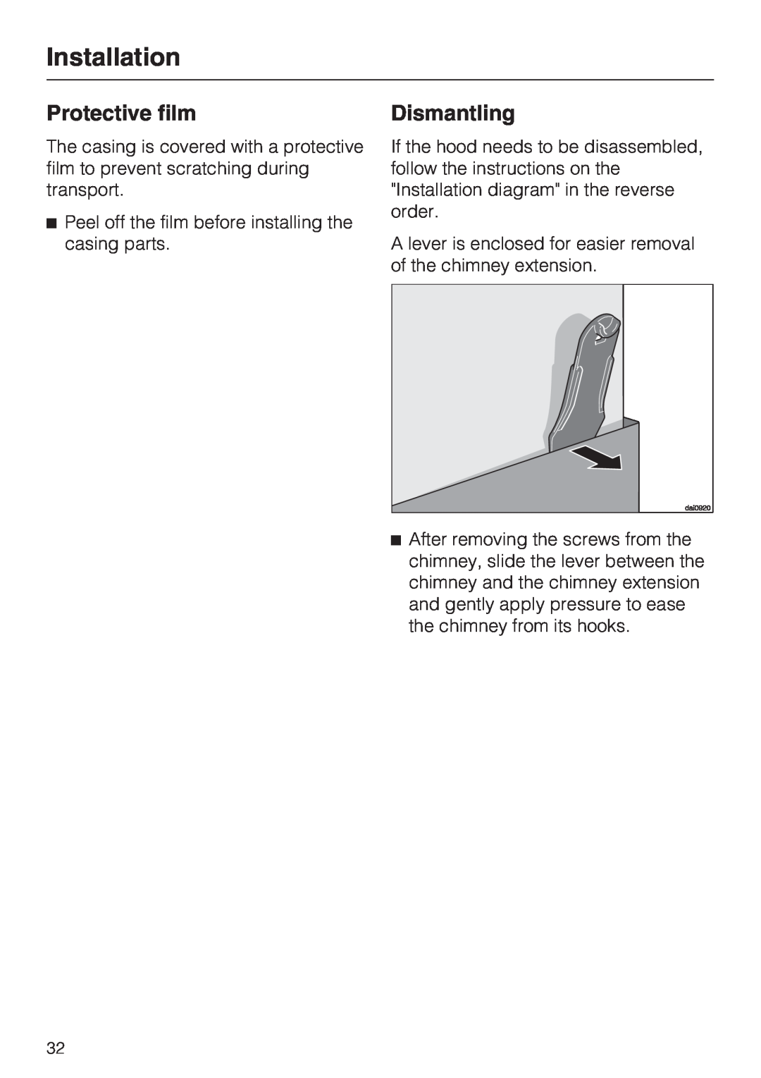 Miele DA 5381 W, DA 5391 W, DA 5321 W installation instructions Protective film, Dismantling, Installation 