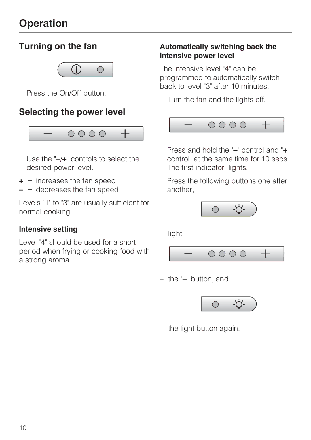 Miele DA 5980 W, DA 5990 W, DA 5960 W installation instructions Operation, Turning on the fan, Selecting the power level 