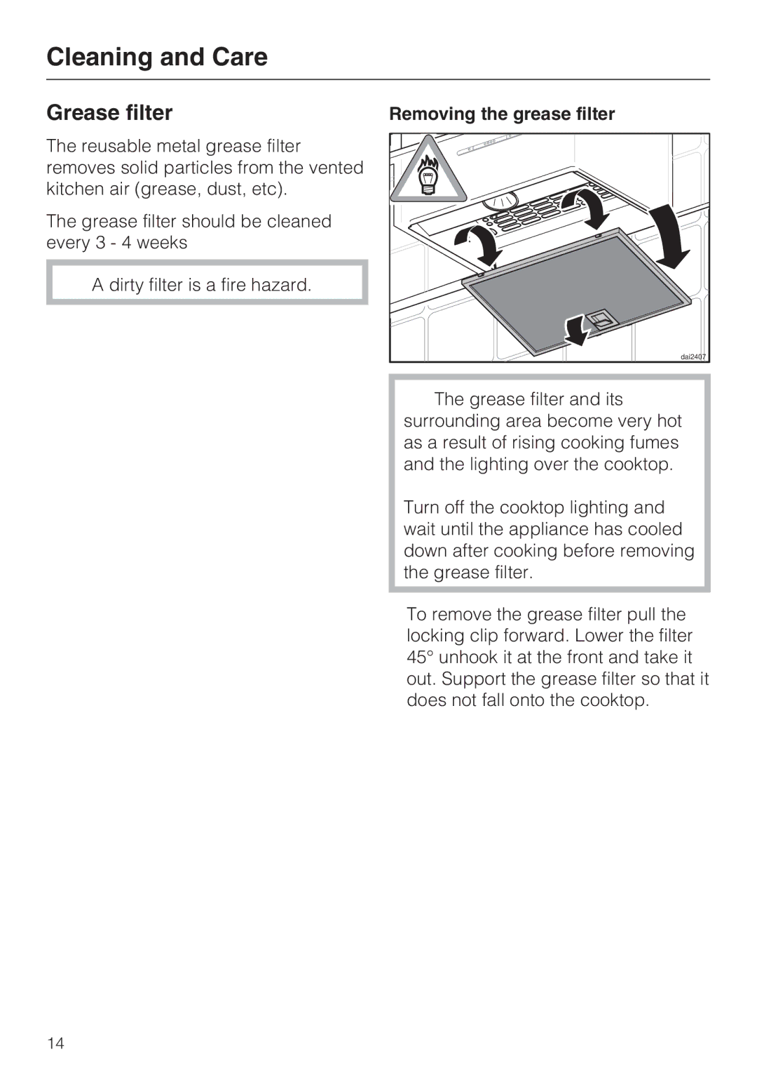 Miele DA 5960 W, DA 5990 W, DA 5980 W installation instructions Grease filter, Removing the grease filter 