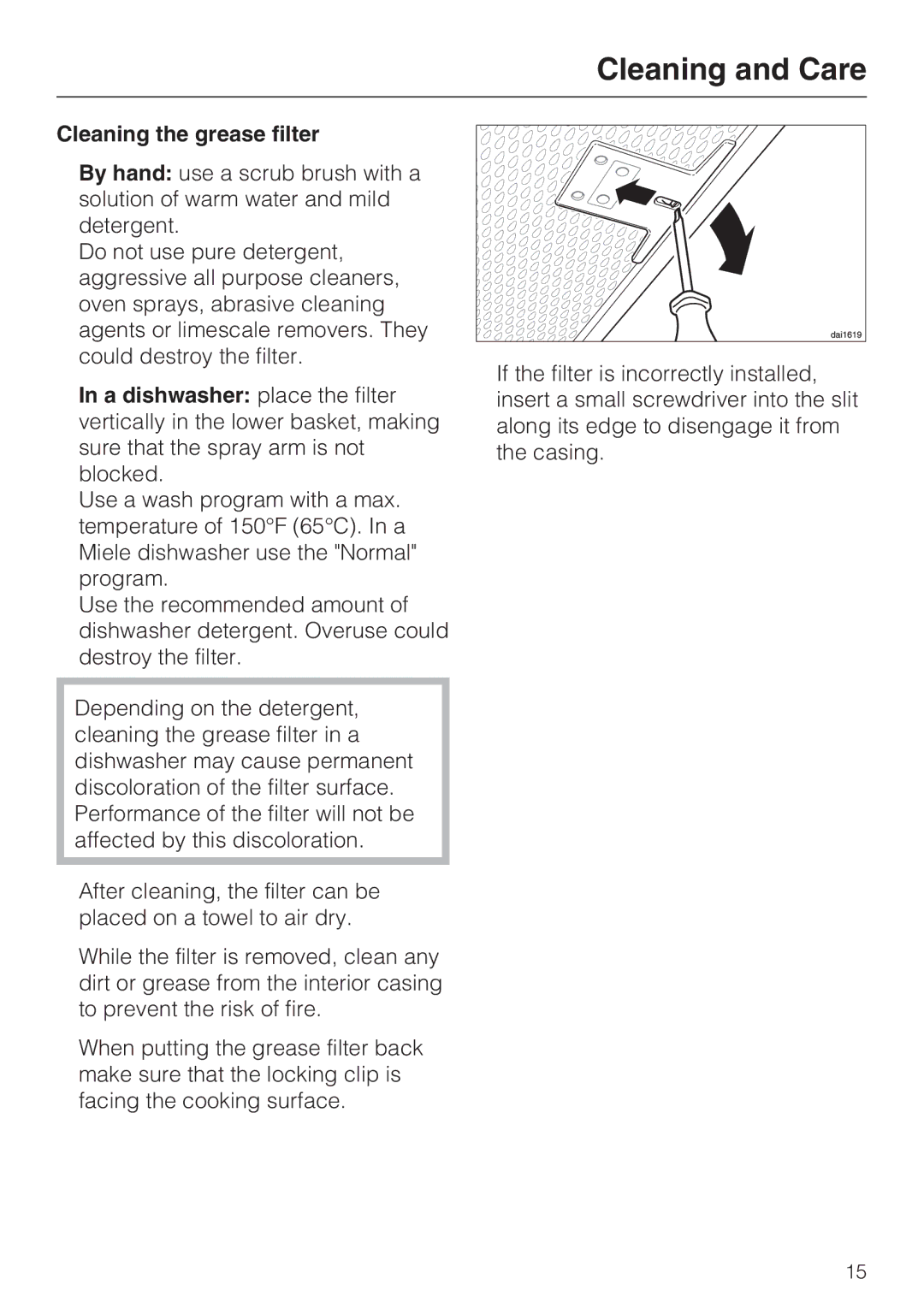 Miele DA 5990 W, DA 5980 W, DA 5960 W installation instructions Cleaning the grease filter 