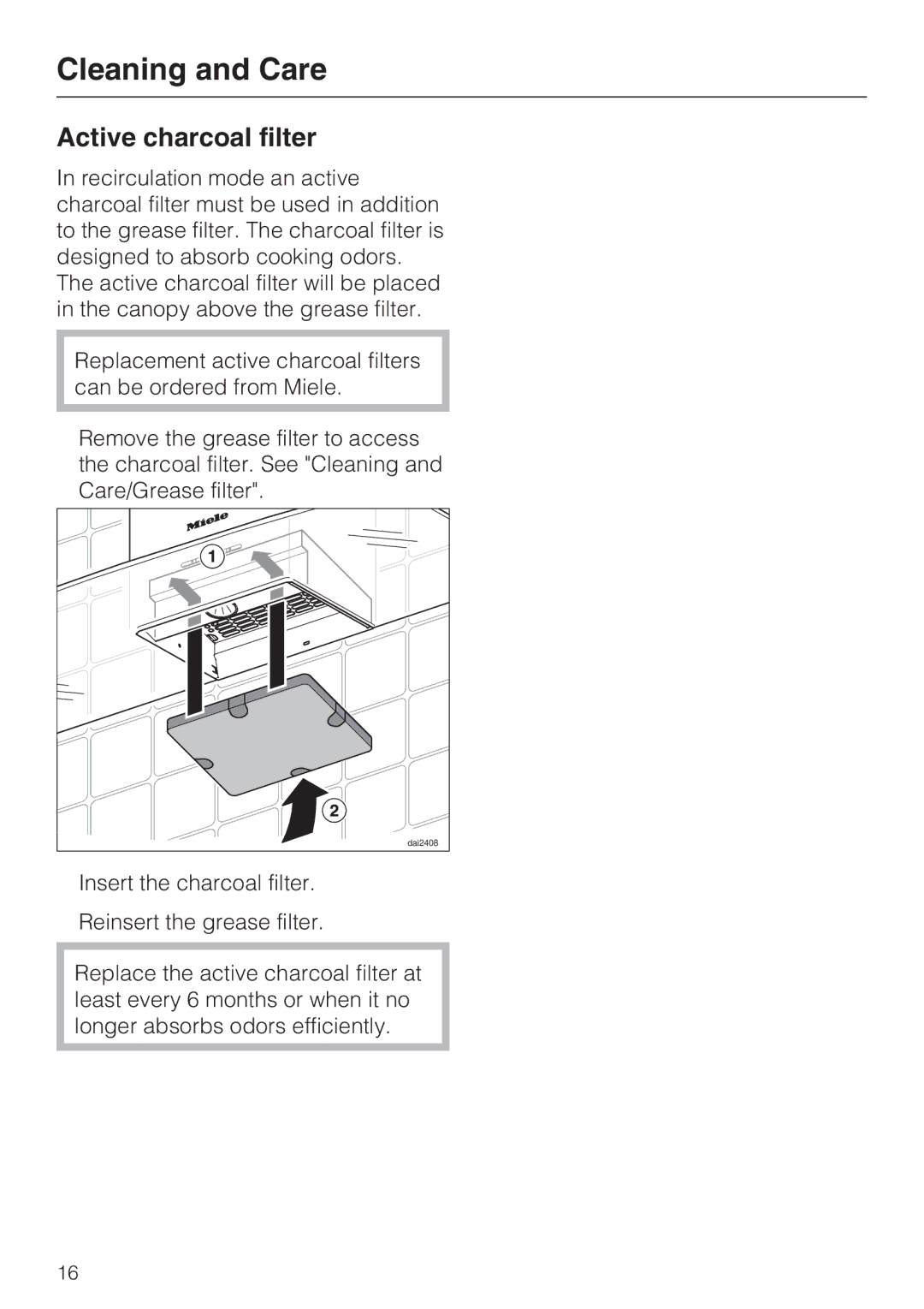 Miele DA 5980 W, DA 5990 W, DA 5960 W installation instructions Insert the charcoal filter 