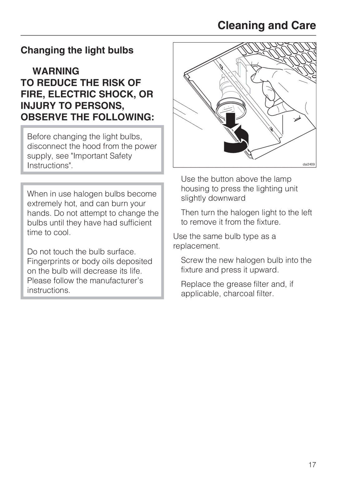 Miele DA 5960 W, DA 5990 W, DA 5980 W installation instructions Changing the light bulbs 