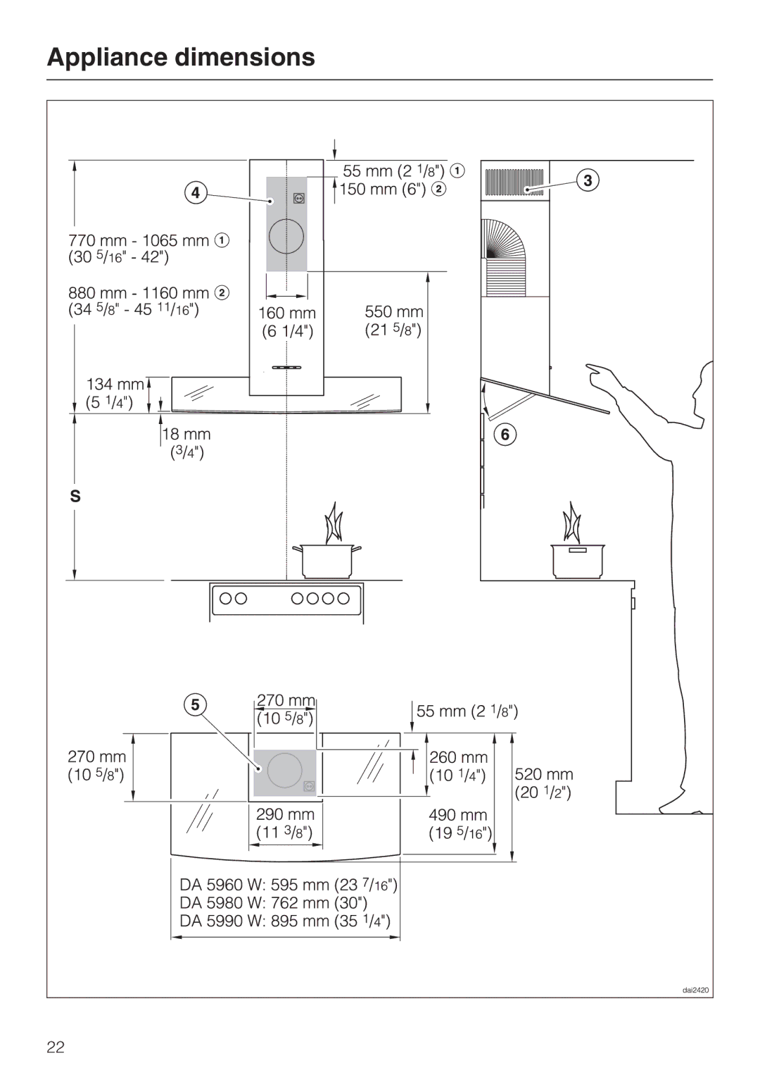 Miele DA 5980 W, DA 5990 W, DA 5960 W installation instructions Appliance dimensions 