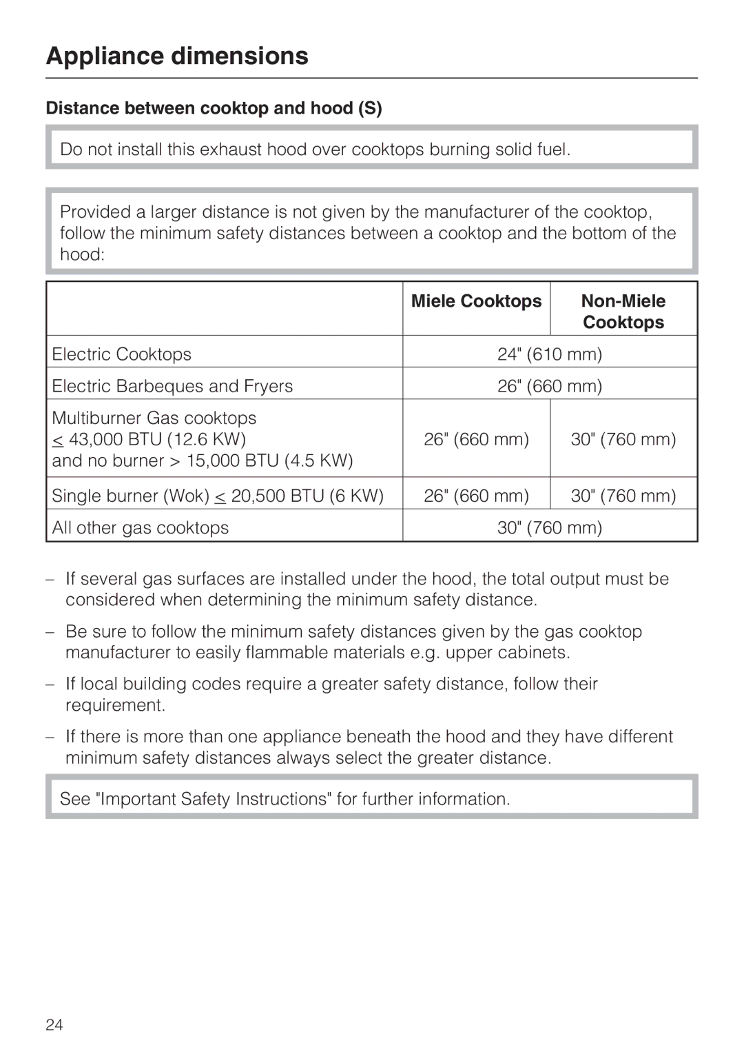 Miele DA 5990 W, DA 5980 W, DA 5960 W installation instructions Distance between cooktop and hood S, Miele Cooktops Non-Miele 