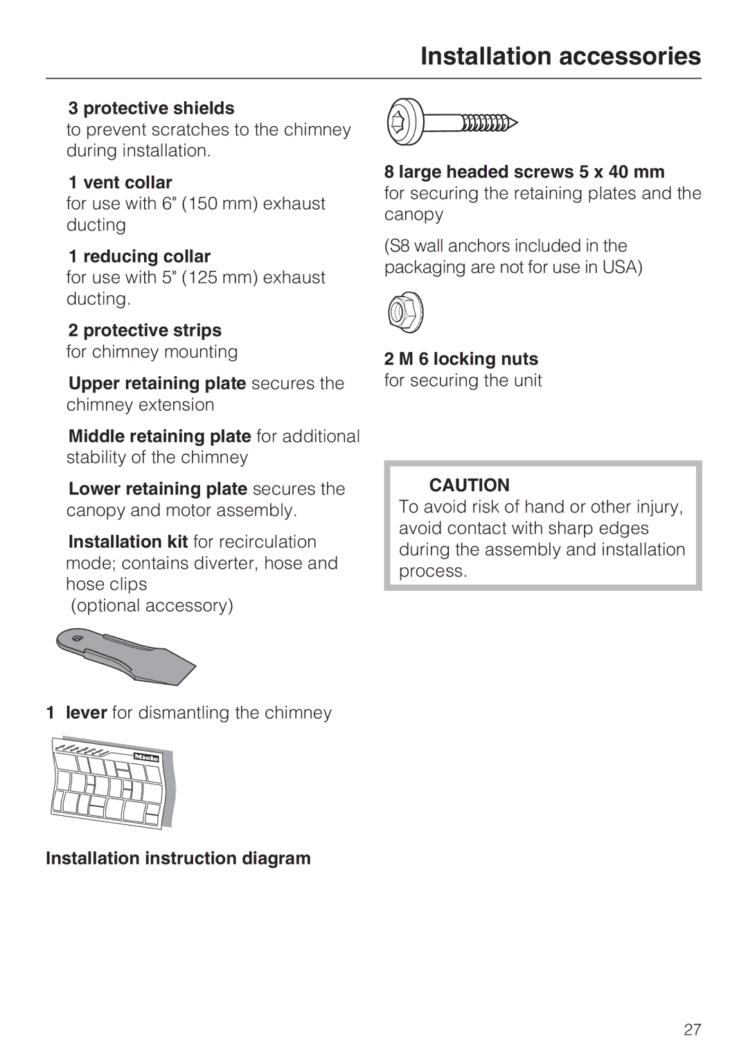 Miele DA 5990 W, DA 5980 W, DA 5960 W Protective shields, Vent collar, Reducing collar, locking nuts for securing the unit 