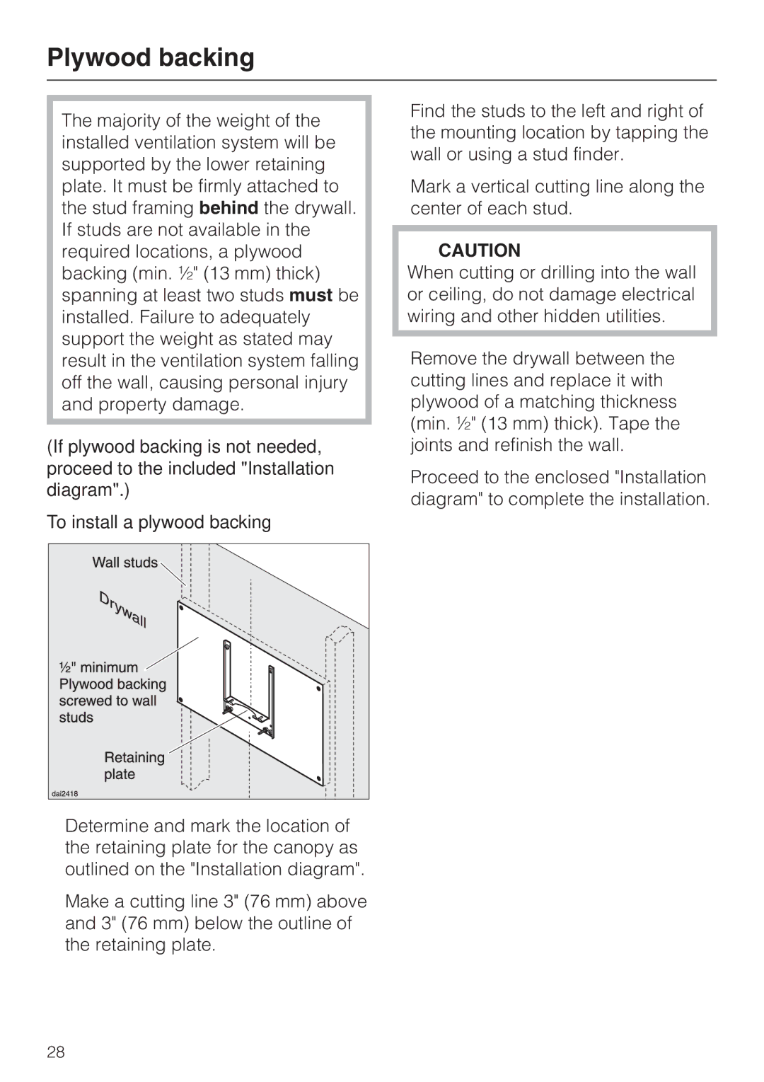 Miele DA 5980 W, DA 5990 W, DA 5960 W installation instructions Plywood backing, To install a plywood backing 