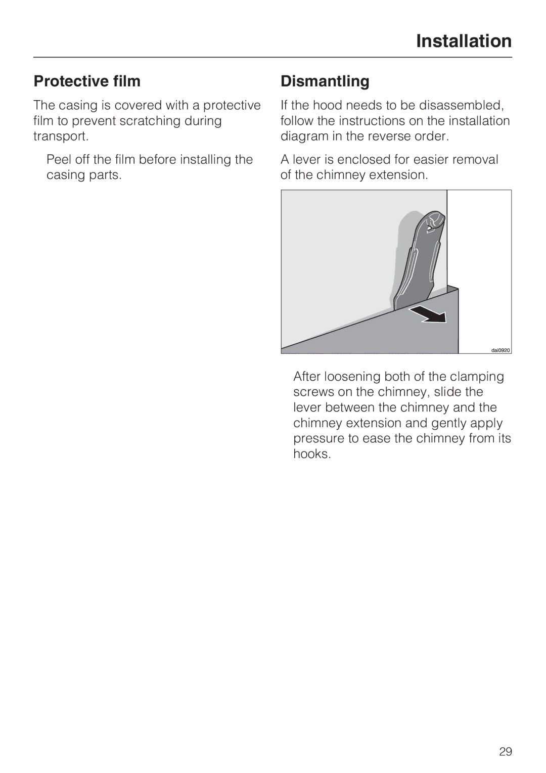 Miele DA 5960 W, DA 5990 W, DA 5980 W installation instructions Installation, Protective film, Dismantling 